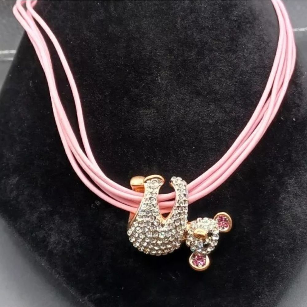 JTV Rhinestone Koala Bear Pink Cord Statement Necklace NWOT